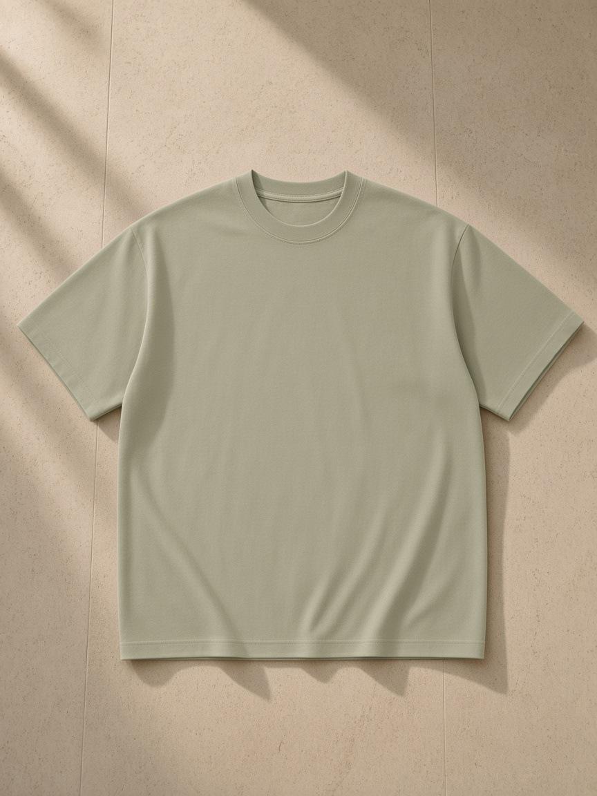 Men's Heavyweight Drop Shoulder T-Shirt in Grey Green, laid flat on pale limestone