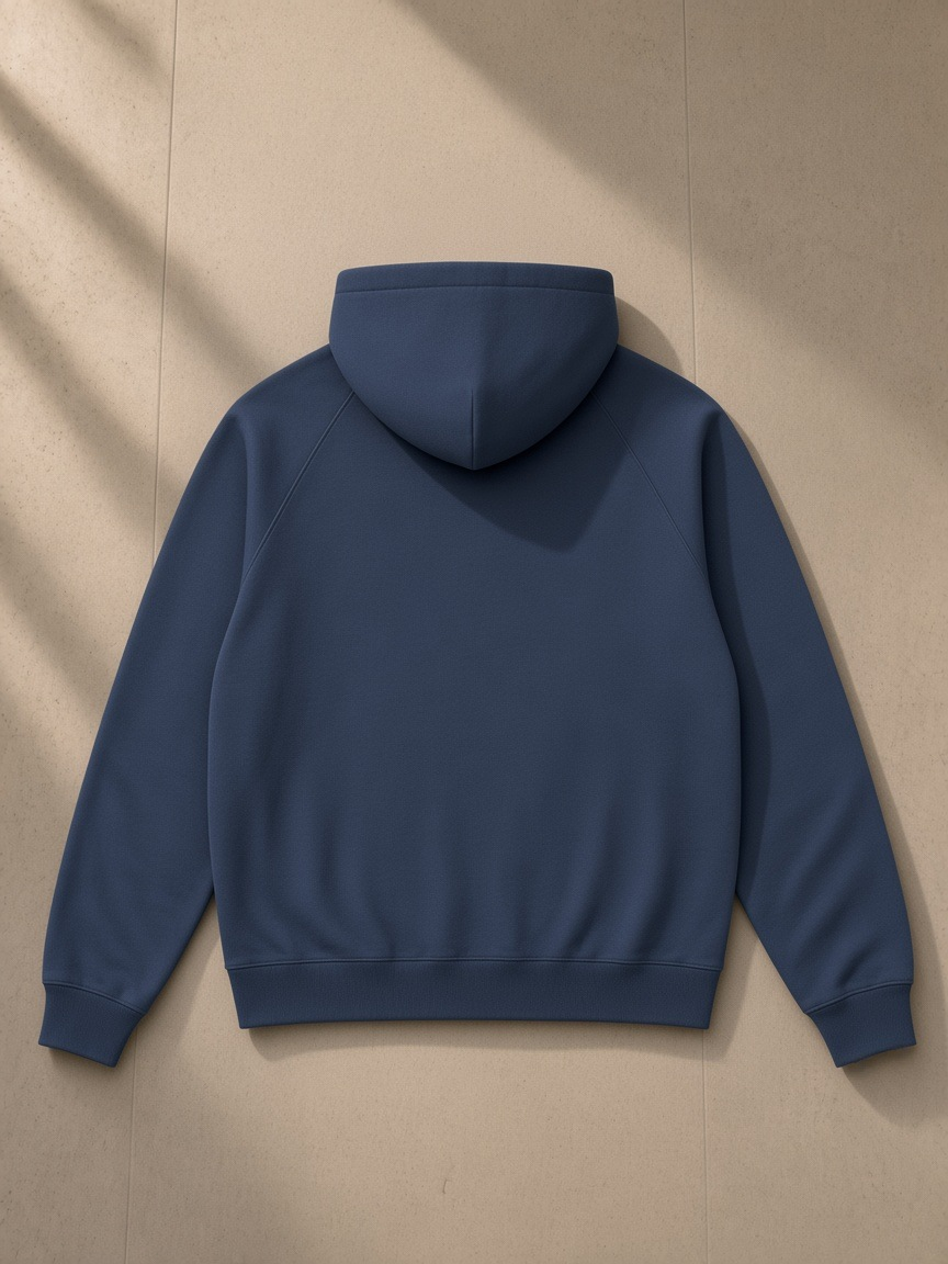 Oversized Raglan Pullover Hoodie in Navy Blue, laid flat on pale limestone, back view