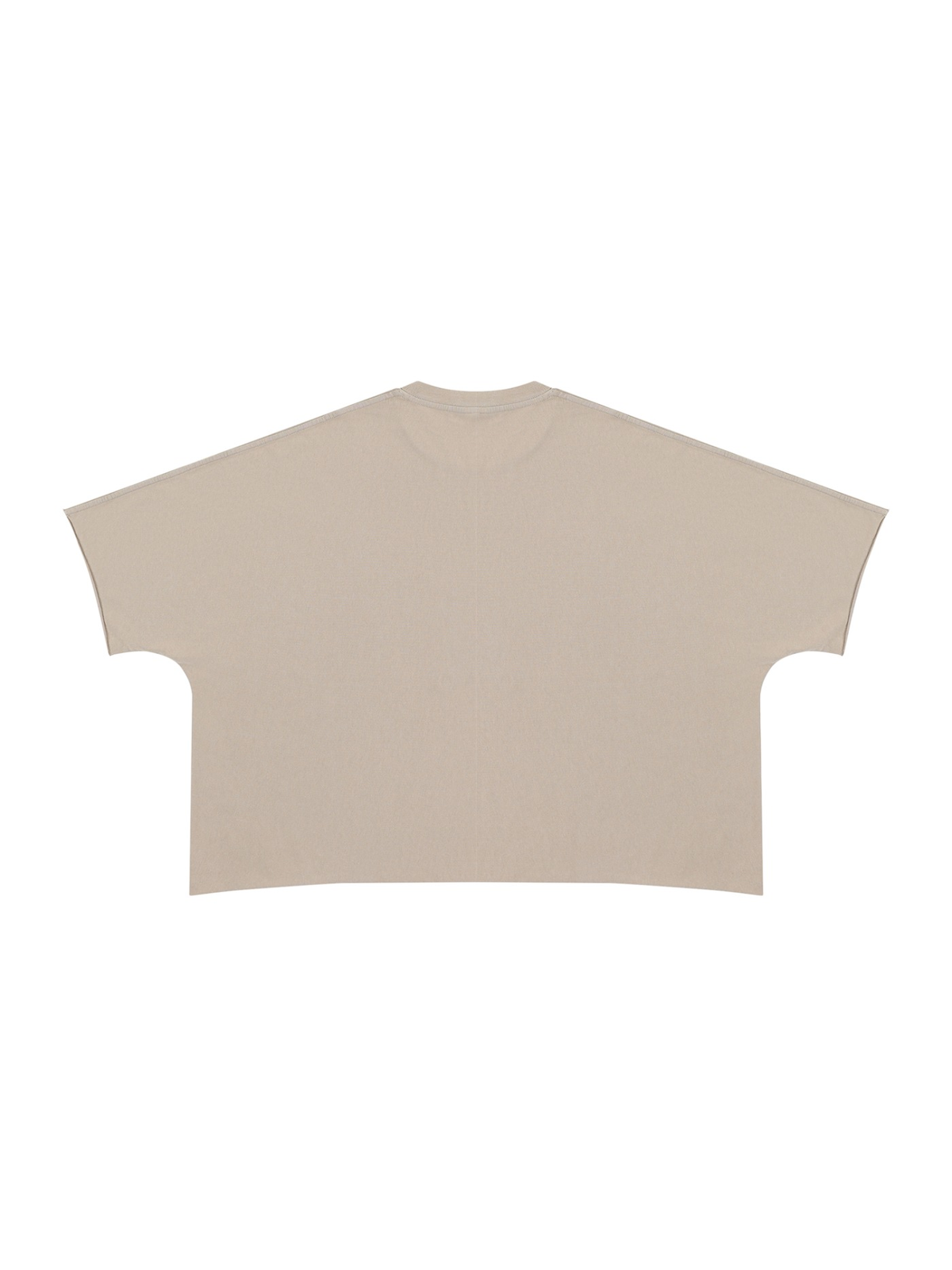 Unisex heavyweight boxy raw edge t-shirt in Khaki, back view on white. Marcel Afters