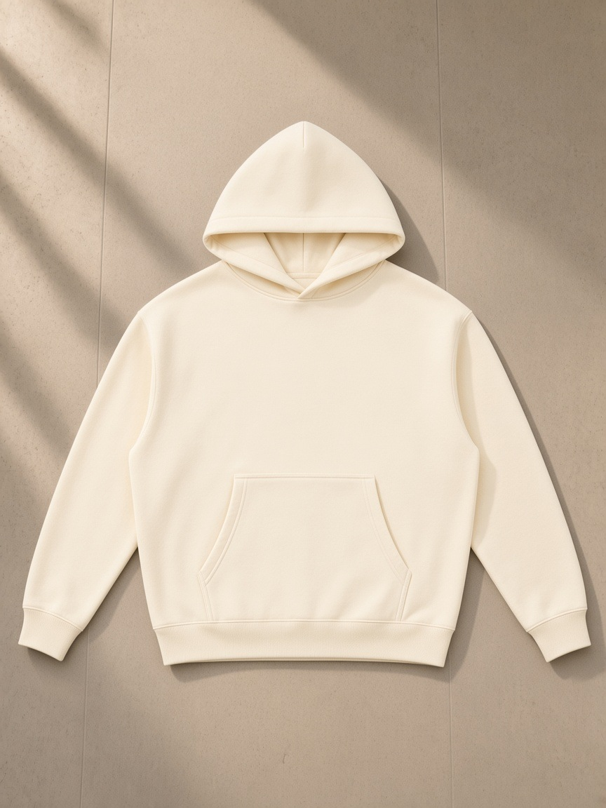 Oversized boxy fit fleece hoodie in Apricot, laid flat on pale limestone