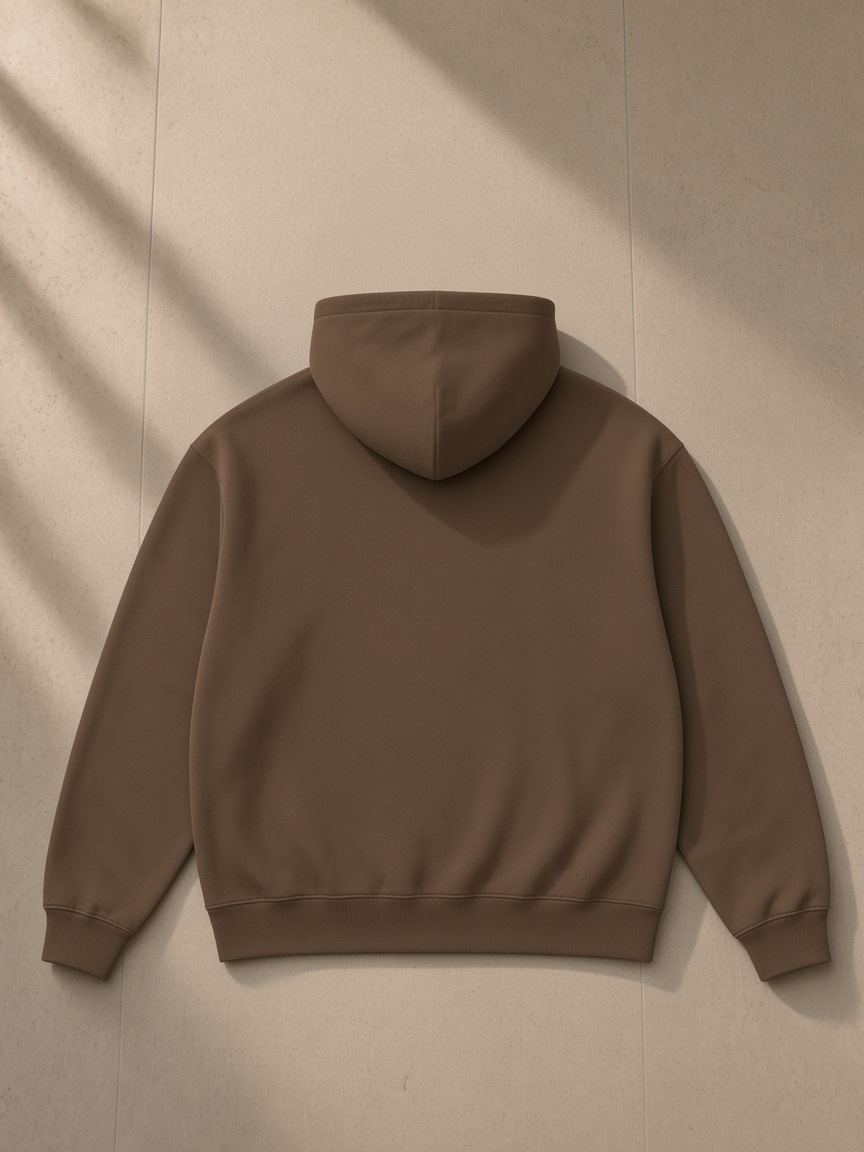 Heavyweight pullover hoodie in Coffee, laid flat on pale limestone, back view