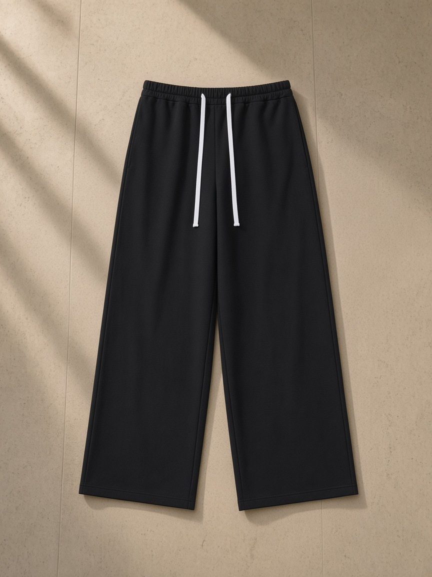 Women's wide leg sweatpants in Black, laid flat on pale limestone