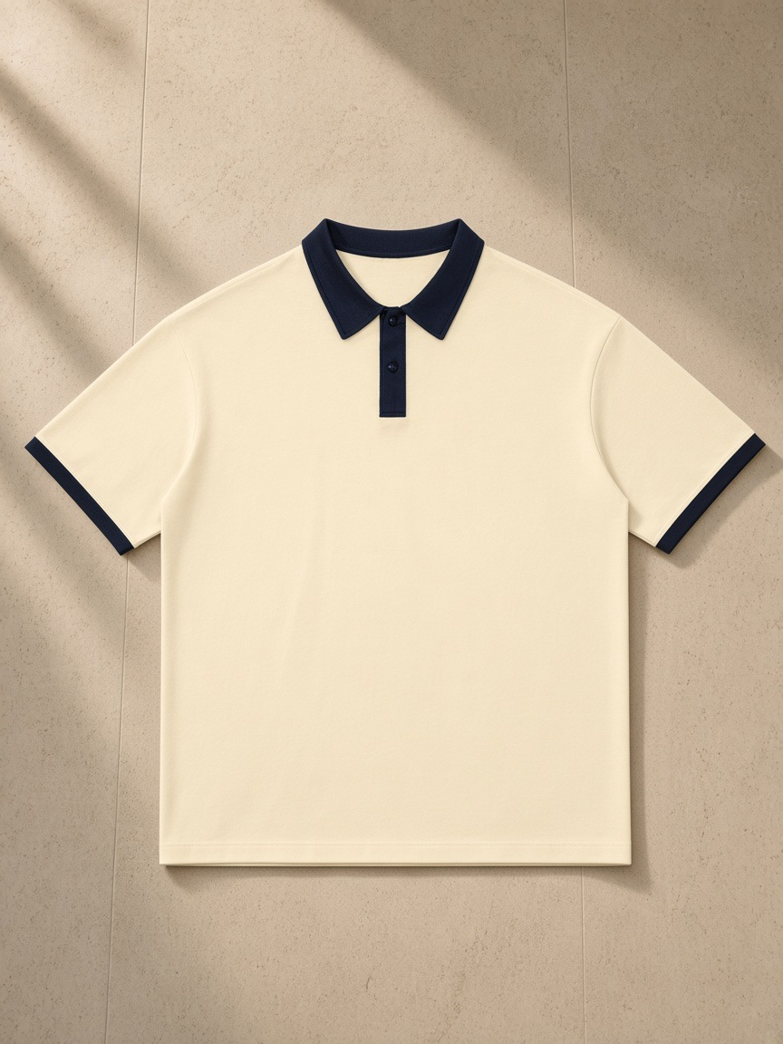 Unisex color block polo shirt in Apricot with Navy Blue, laid flat on pale limestone