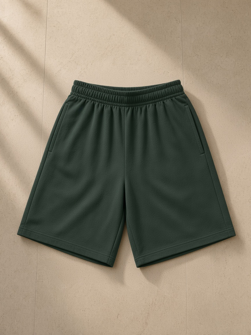 Unisex heavyweight cotton shorts in Dark Green, laid flat on pale limestone