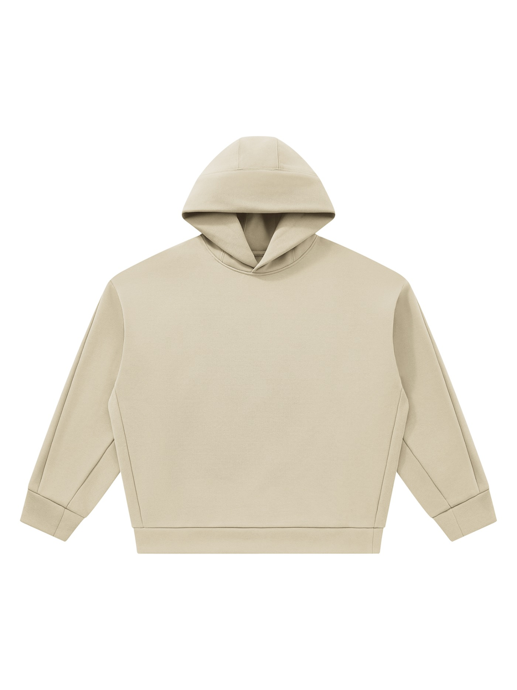 Unisex heavyweight fleece boxy hoodie in Khaki, front view on white. Marcel Afters