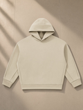 Heavyweight fleece boxy hoodie in Khaki, laid flat on pale limestone