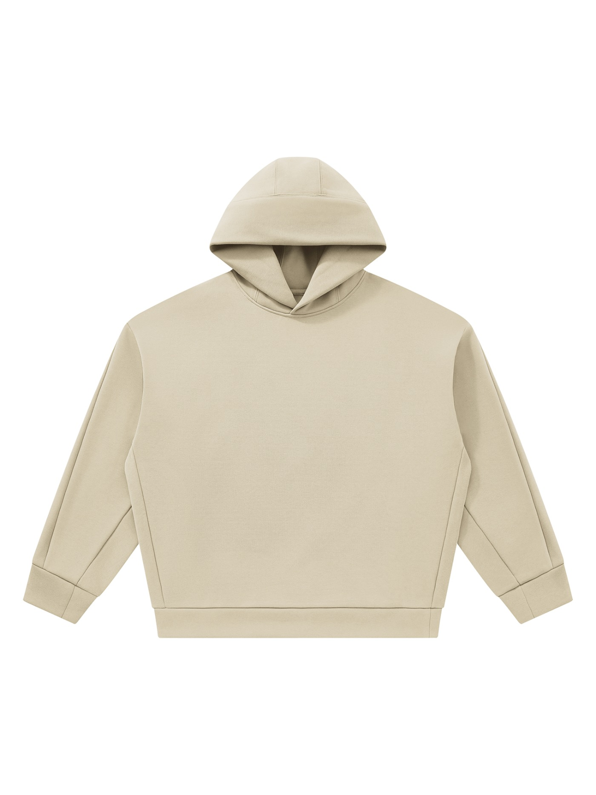 Unisex heavyweight fleece boxy hoodie in Khaki, front view on white. Marcel Afters