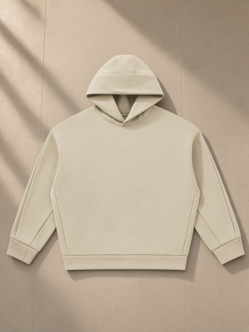 Heavyweight fleece boxy hoodie in Khaki, laid flat on pale limestone