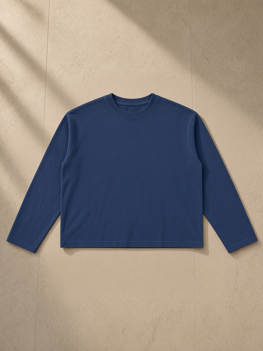 Vintage Wash Long Sleeve Boxy T-Shirt in Navy Blue, front view