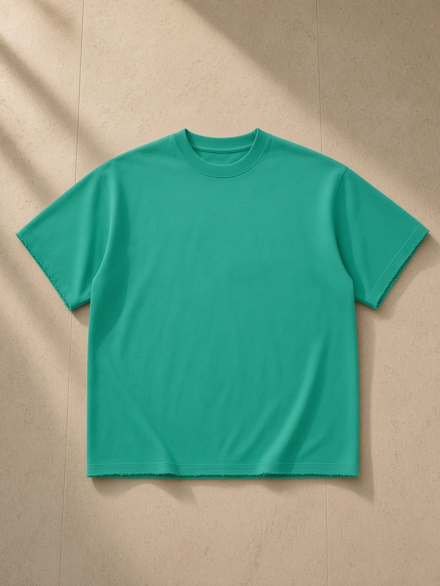 Unisex sun fade raw edge t-shirt in Green, laid flat on pale limestone