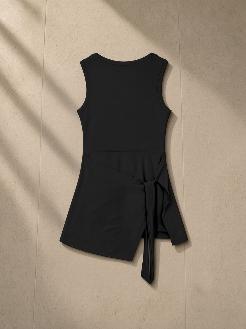 Women's A-Line Sleeveless Dress in Black, laid flat on pale limestone