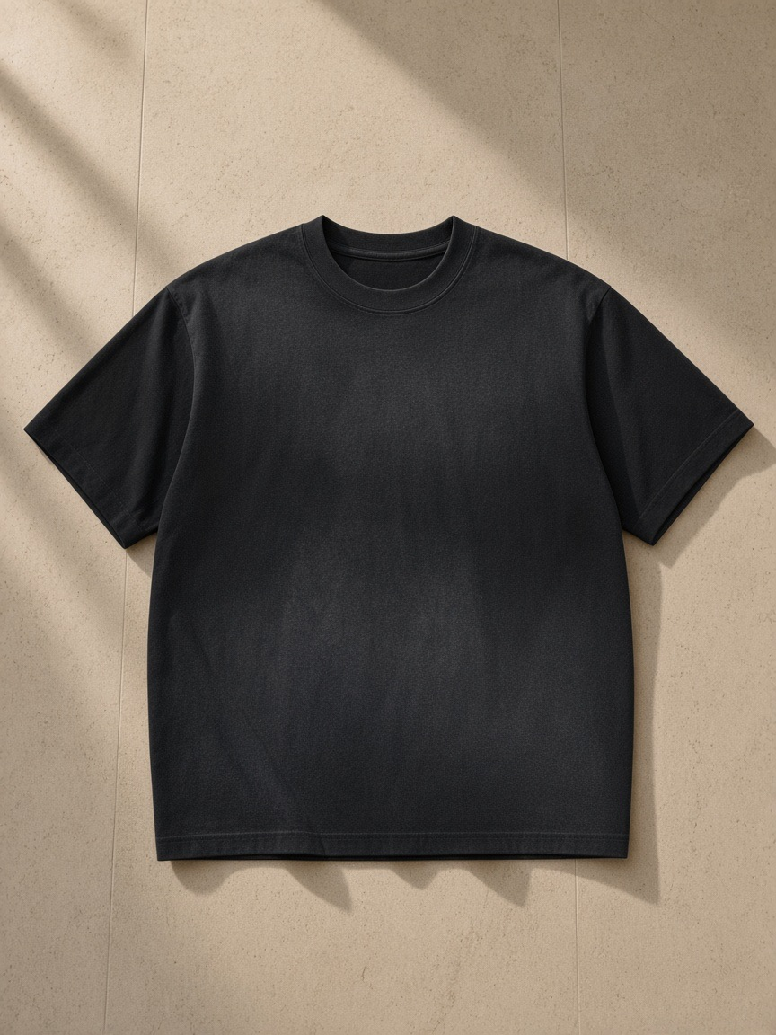 Unisex sunfade t-shirt in Black, laid flat on pale limestone