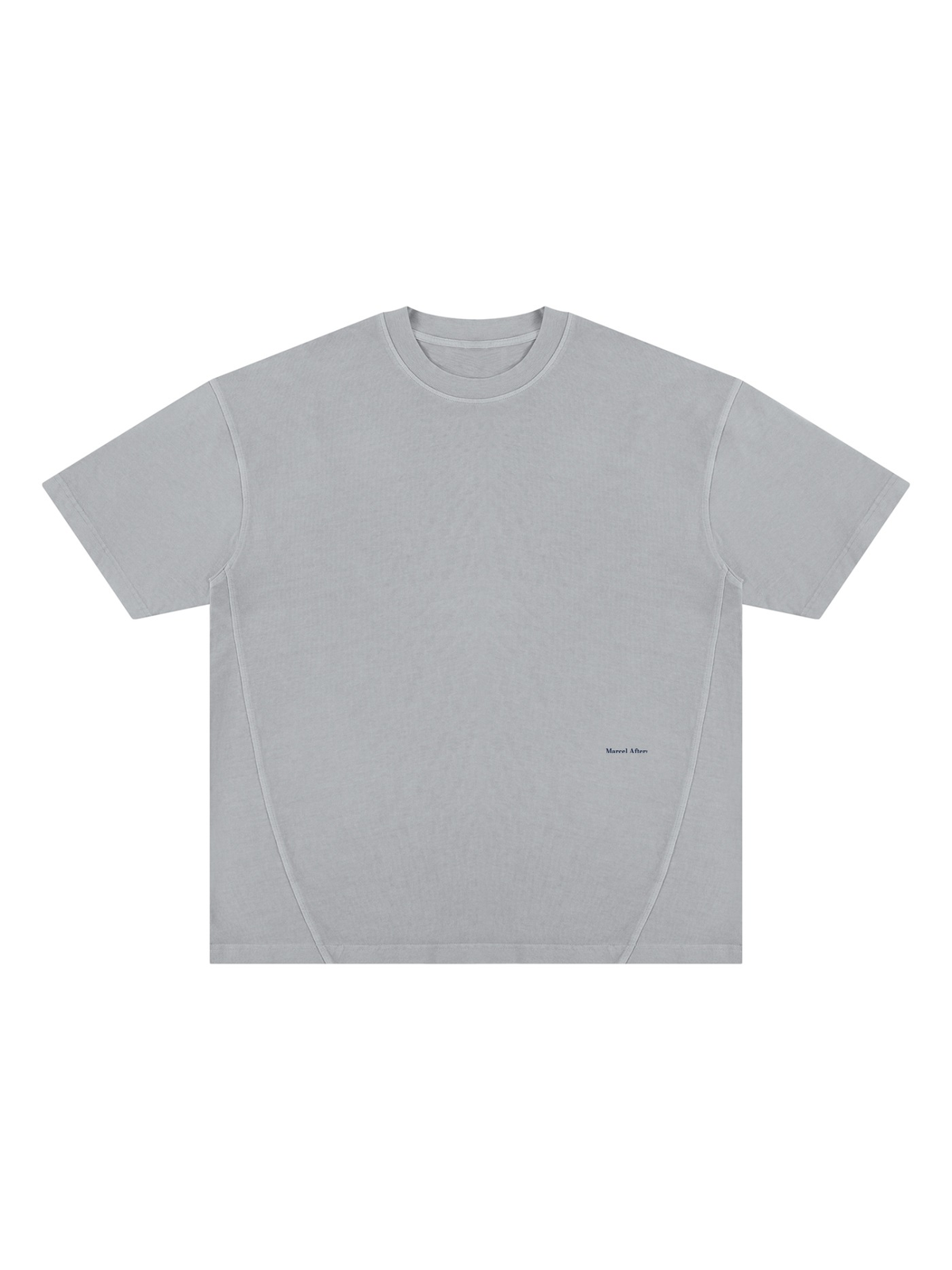 Unisex vintage wash paneling t-shirt in Gray, front view on white. Marcel Afters