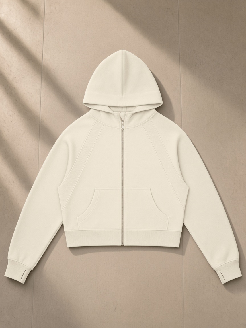 Cropped Zip-Through Hoodie in Mild Apricot, laid flat on pale limestone, front.