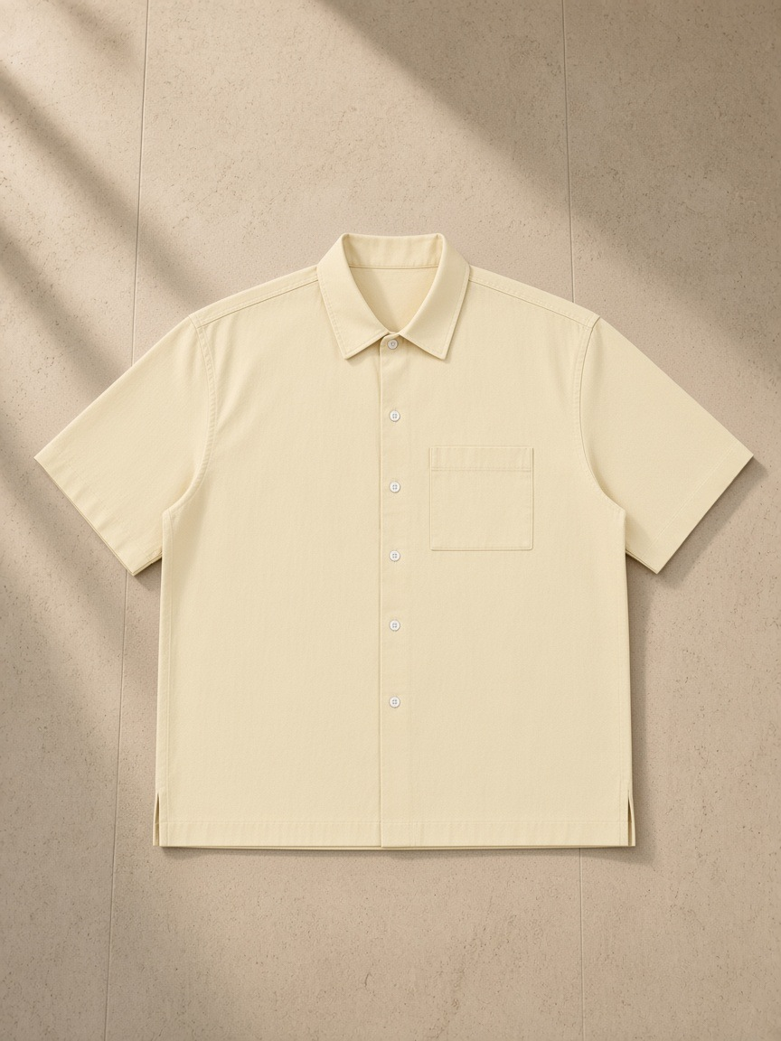 Boxy patch pocket short sleeve shirt in Apricot, laid flat on pale limestone