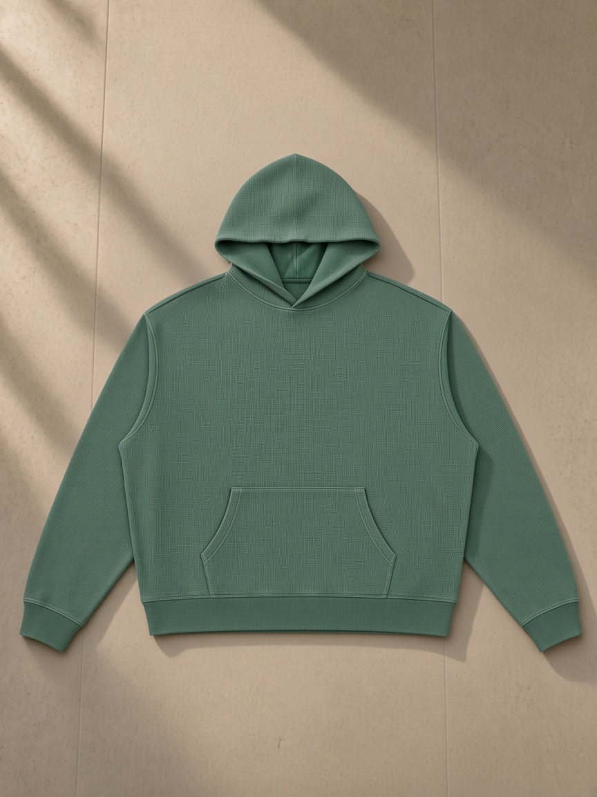 Vintage Wash Waffle Boxy Hoodie in Blackish Green, laid flat on pale limestone, front.