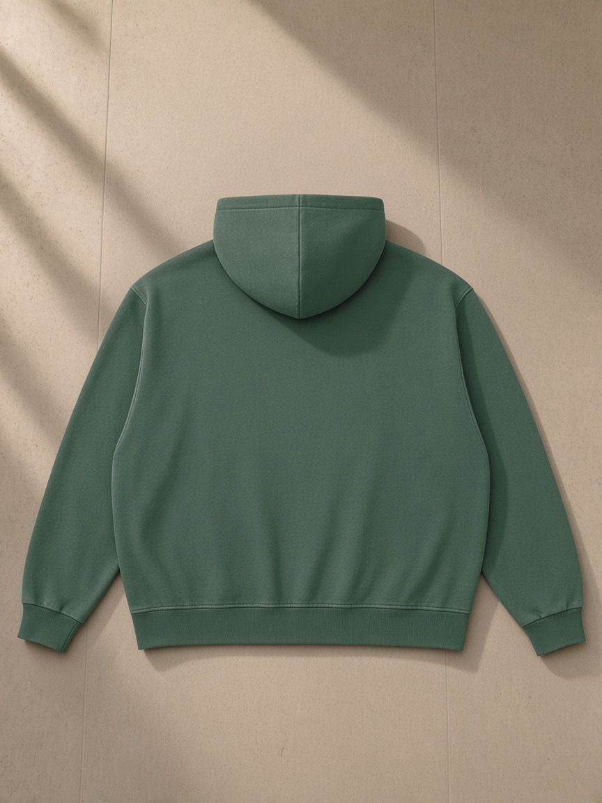 Heavyweight Vintage Wash Boxy Hoodie in Blackish Green, laid flat on pale limestone, back view