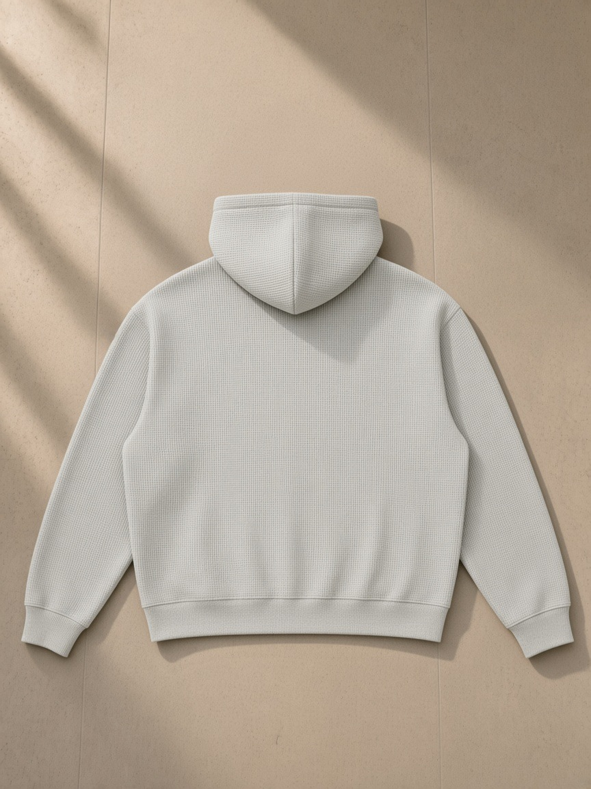 Waffle boxy hoodie in Oat Gray, laid flat on pale limestone, back view