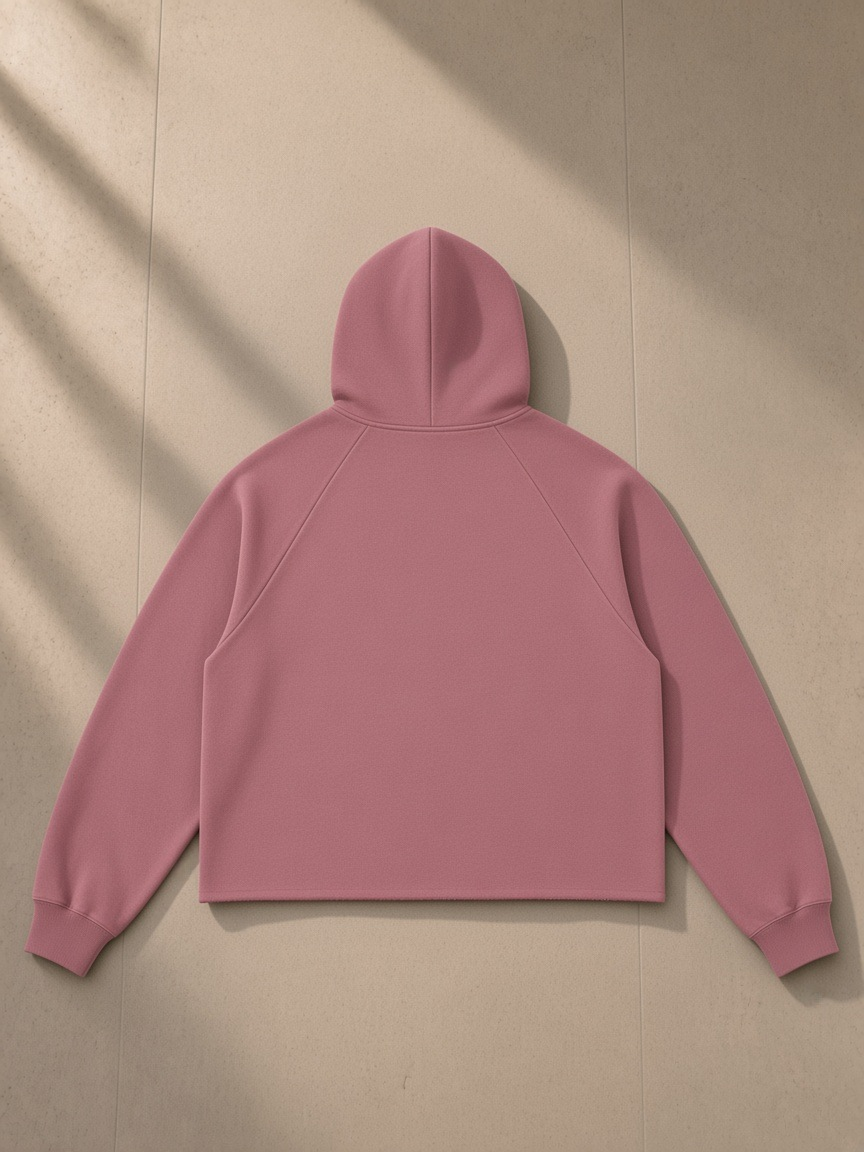 Vintage wash raw edge boxy hoodie in Carmine, laid flat on pale limestone, back view