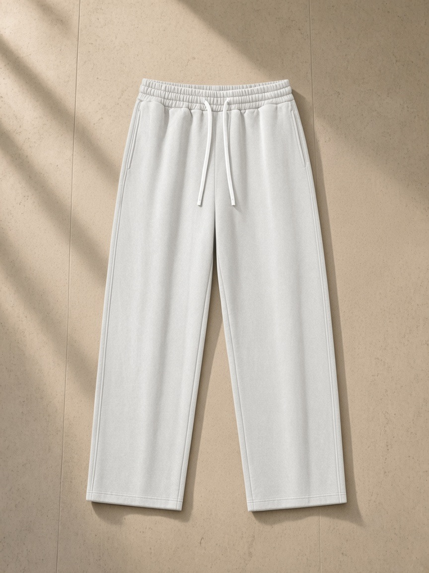 Vintage wash fleece sweatpants in Light Gray, laid flat on pale limestone