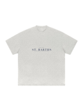 St. Barths Heavyweight Drop Shoulder T-Shirt by Marcel Afters in Oat Gray, front view with the printed artwork, on white