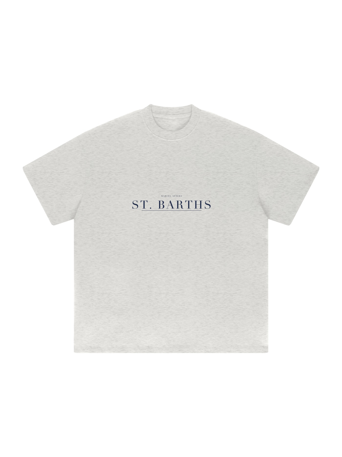 St. Barths Heavyweight Drop Shoulder T-Shirt by Marcel Afters in Oat Gray, front view with the printed artwork, on white