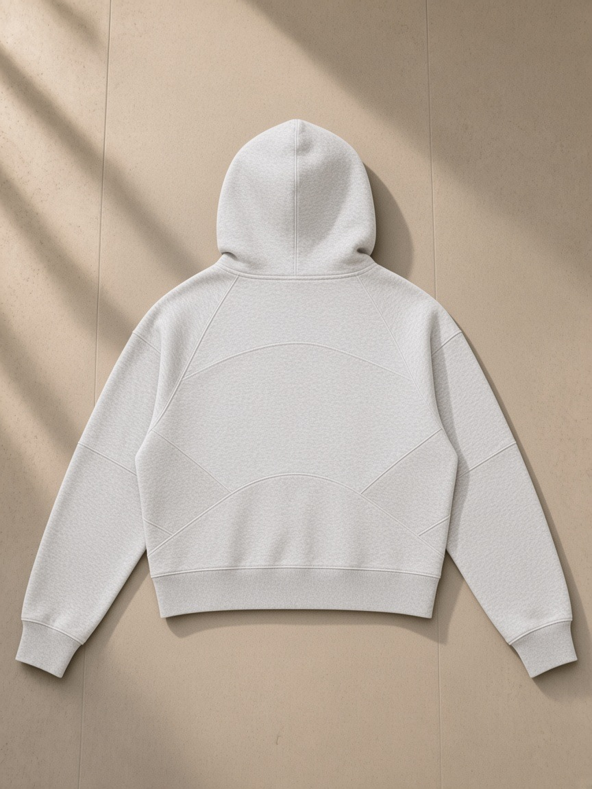 Cropped zip-through hoodie in Cold Gray, laid flat on pale limestone, back view