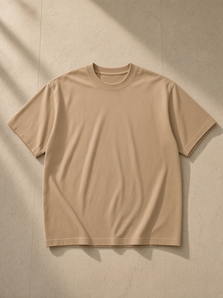 Unisex sunfade t-shirt in Light Brown, laid flat on pale limestone