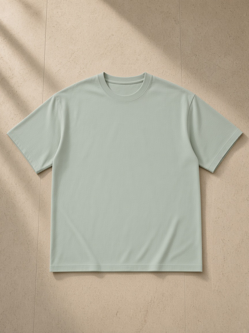 Unisex pure cotton t-shirt in Bean Green, laid flat on pale limestone