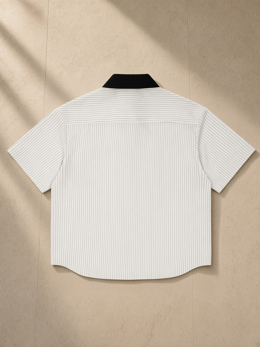 Striped Boxy Contrast Collar Shirt in White, laid flat on pale limestone, back view