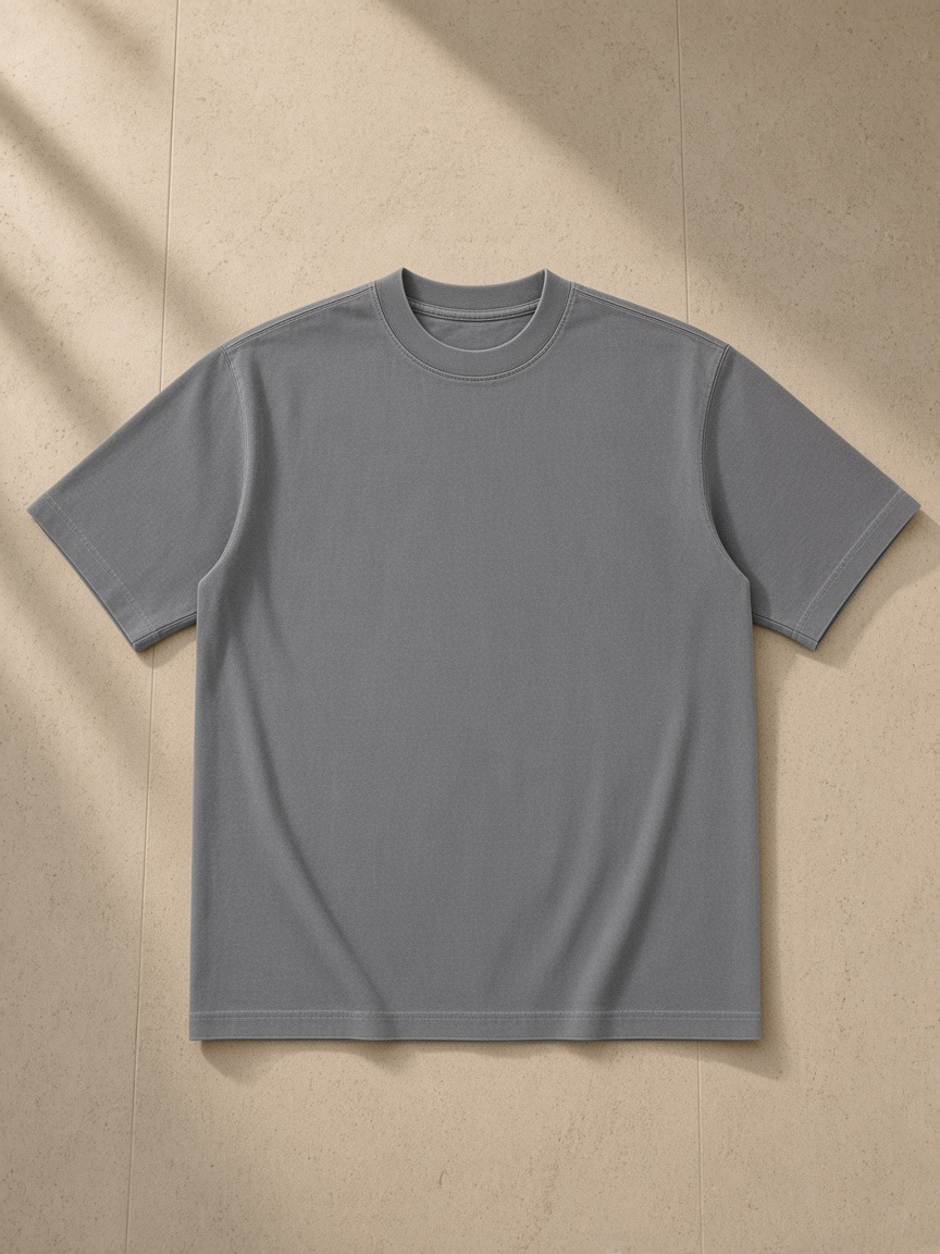 Unisex vintage wash drop shoulder t-shirt in Gray, laid flat on pale limestone