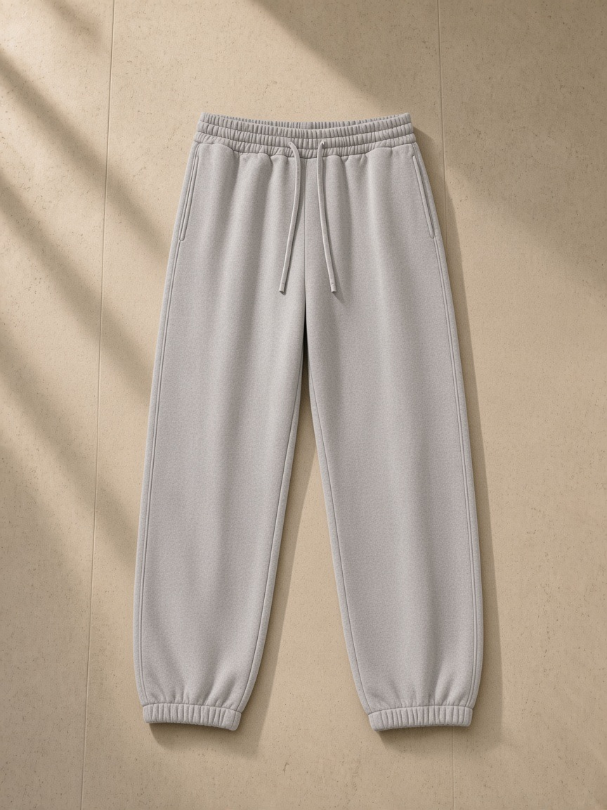 Fleeced Jogger Sweatpants in Light Gray, laid flat on pale limestone