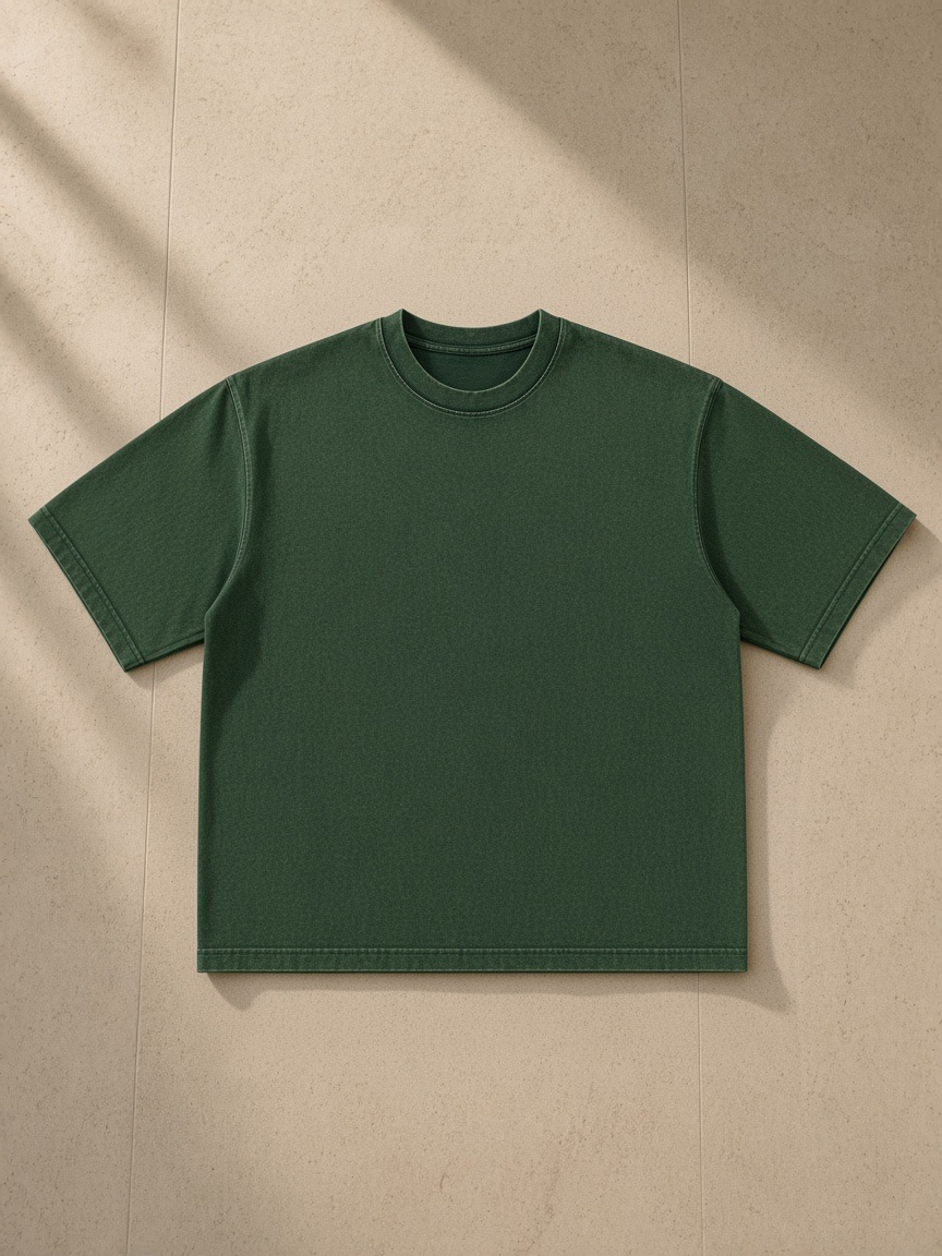 Men's Heavyweight Mineral Wash Boxy T-Shirt in Dark Green, laid flat on pale limestone
