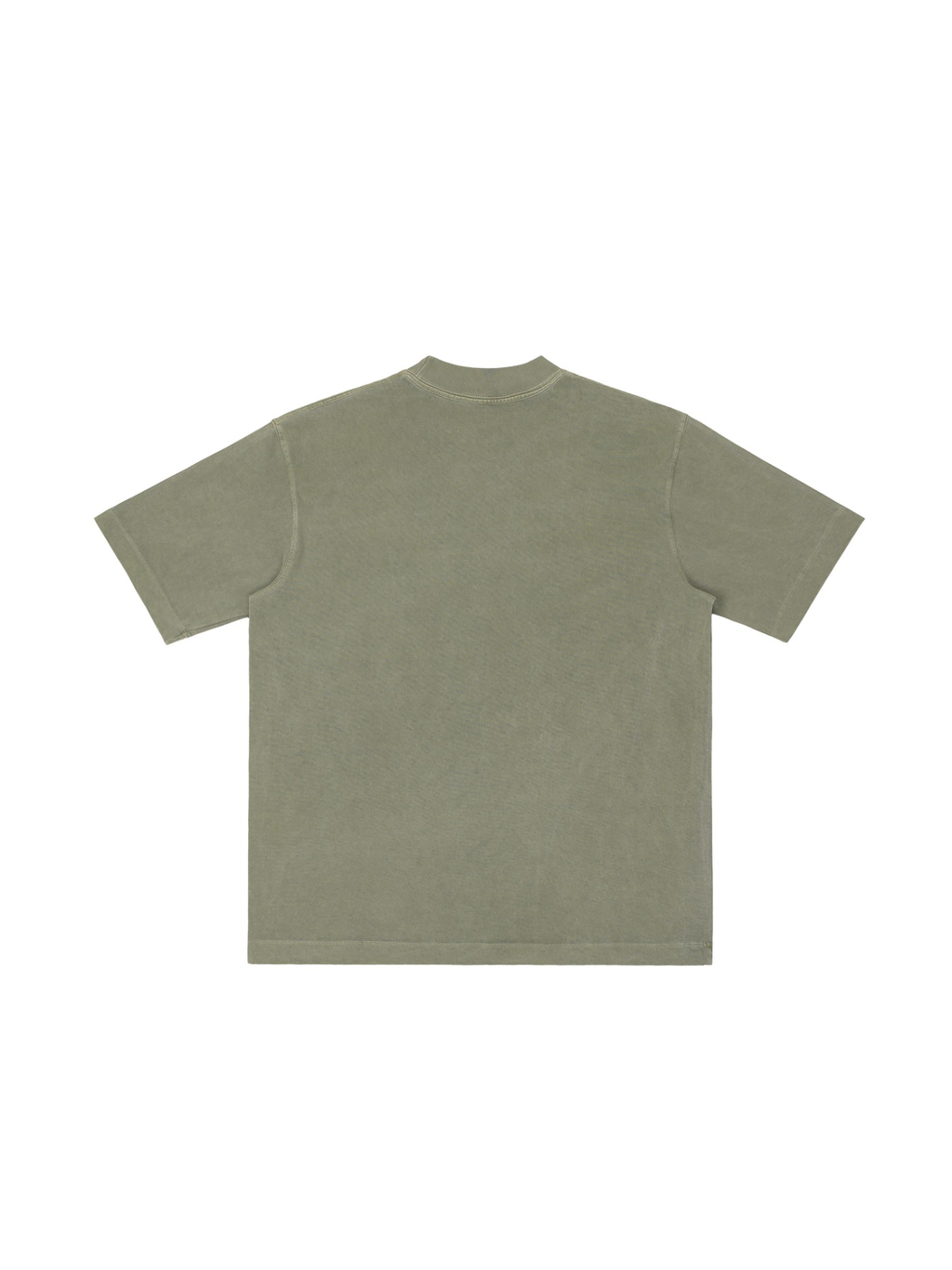 Unisex vintage wash drop shoulder t-shirt in Army Green, back view on white. Marcel Afters