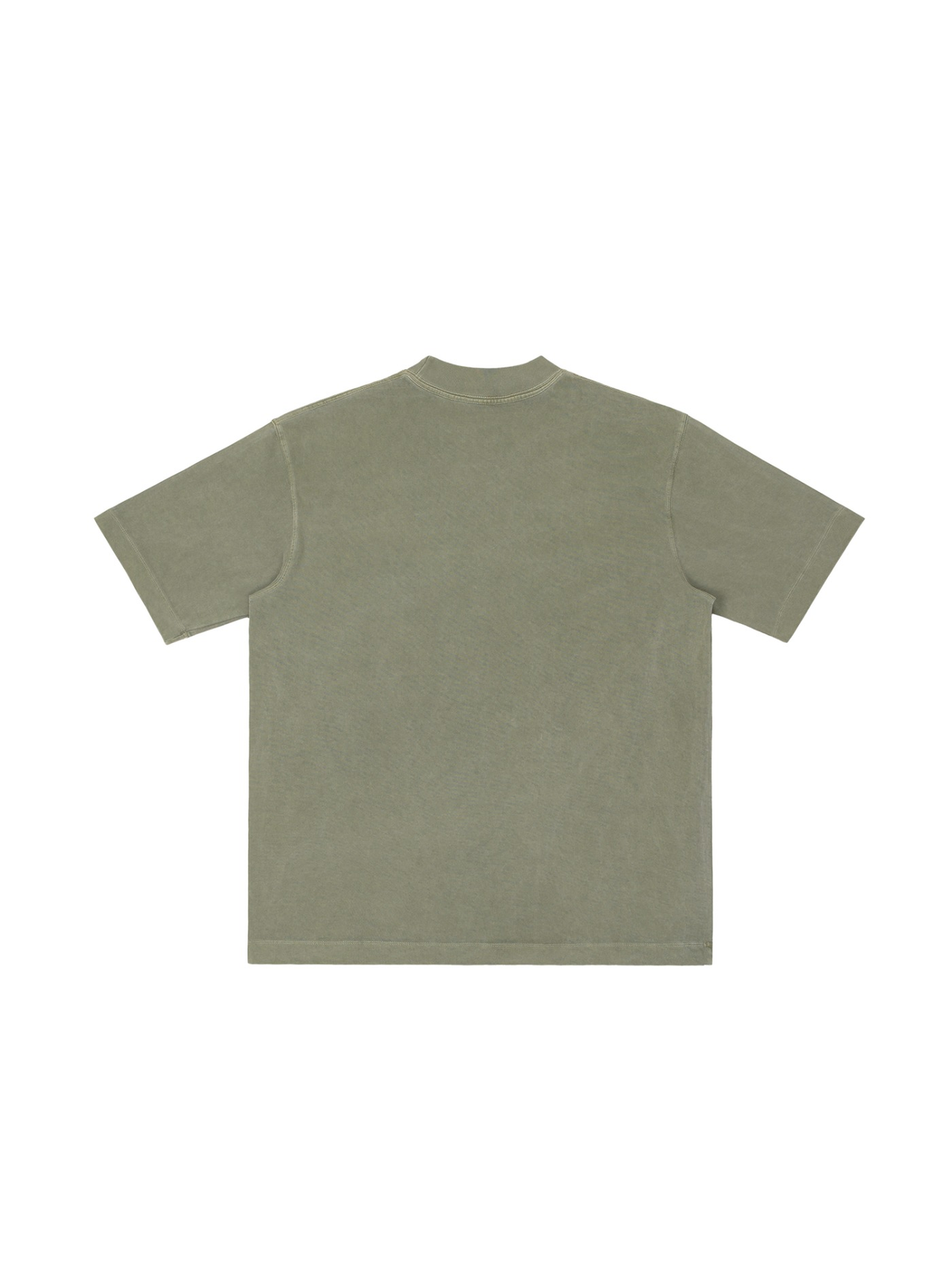 Vintage Wash Drop Shoulder T-shirt in Army Green, laid flat on pale limestone, back.