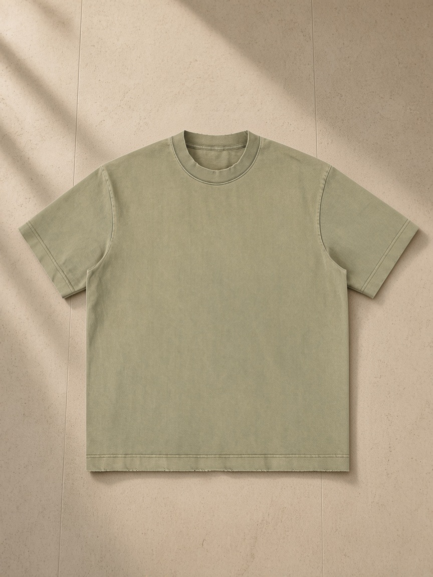 Heavyweight Vintage Washed Frayed T-Shirt in Gray Green, laid flat on pale limestone