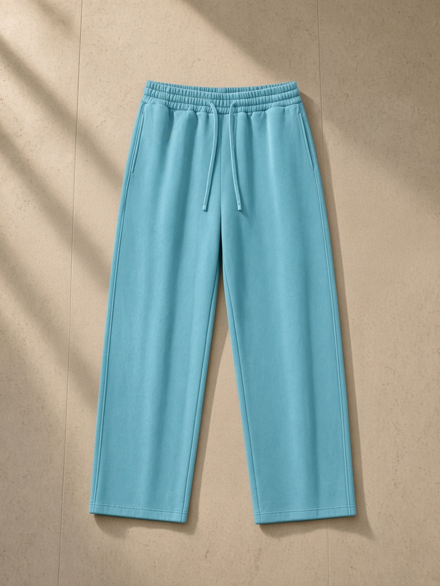 Heavyweight vintage wash sweatpants in Sky Blue, laid flat on pale limestone