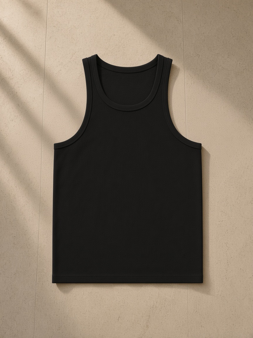 Performance tank top in Black, laid flat on pale limestone