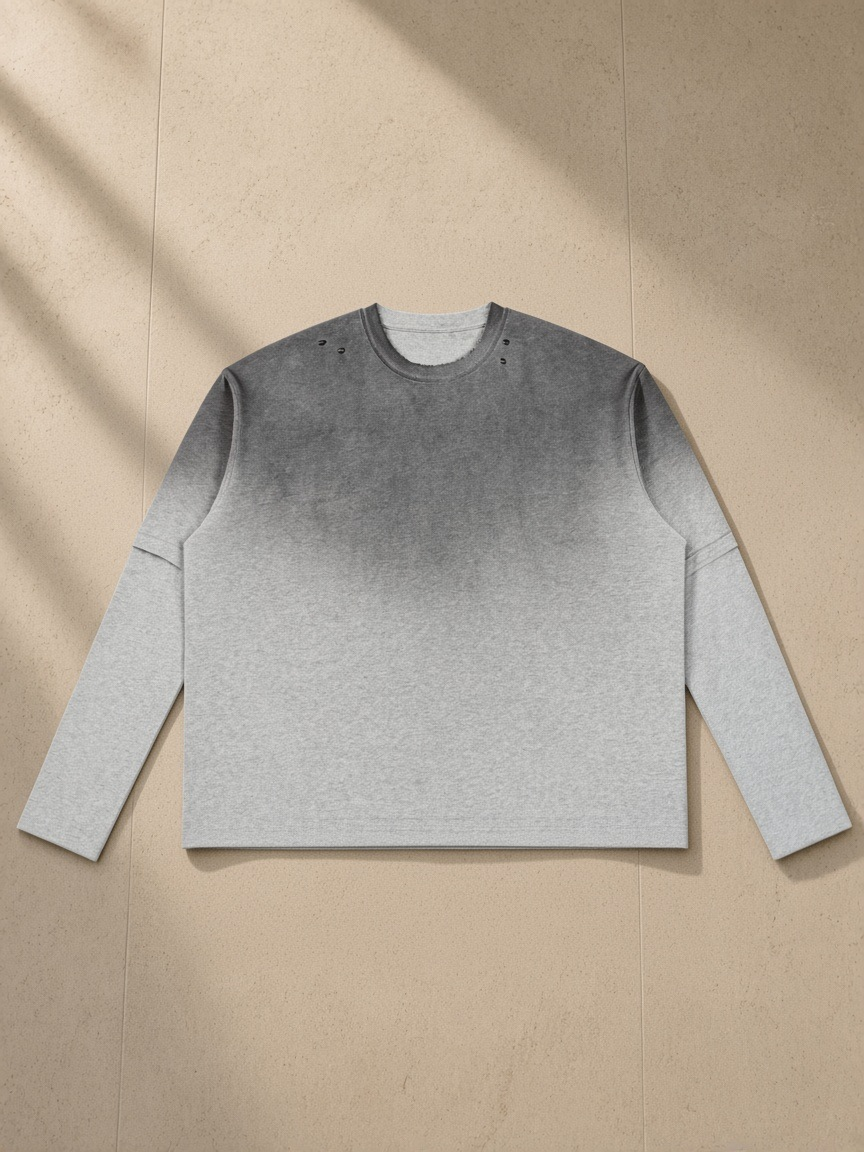 Vintage Wash Layered T-Shirt in Flower Gray, laid flat on pale limestone