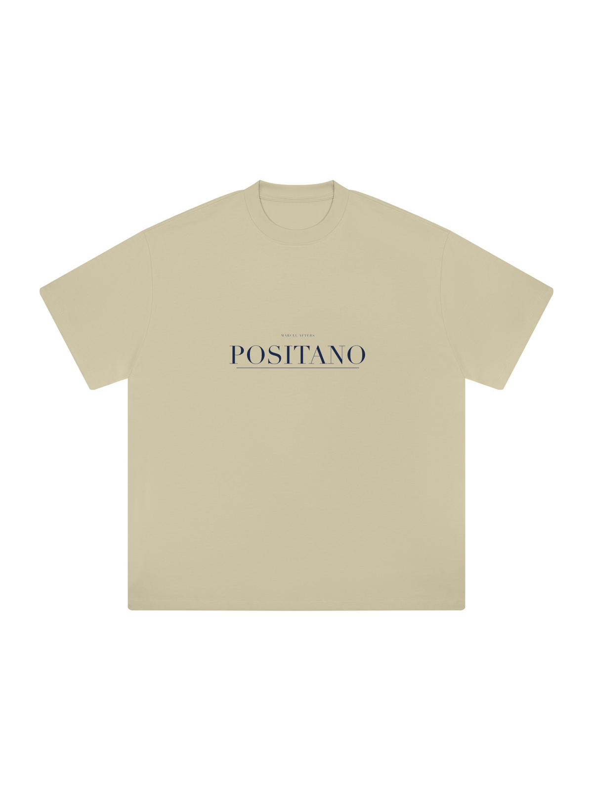 Positano Heavyweight Drop Shoulder T-Shirt by Marcel Afters in Pale Khaki, front view with the printed artwork, on white