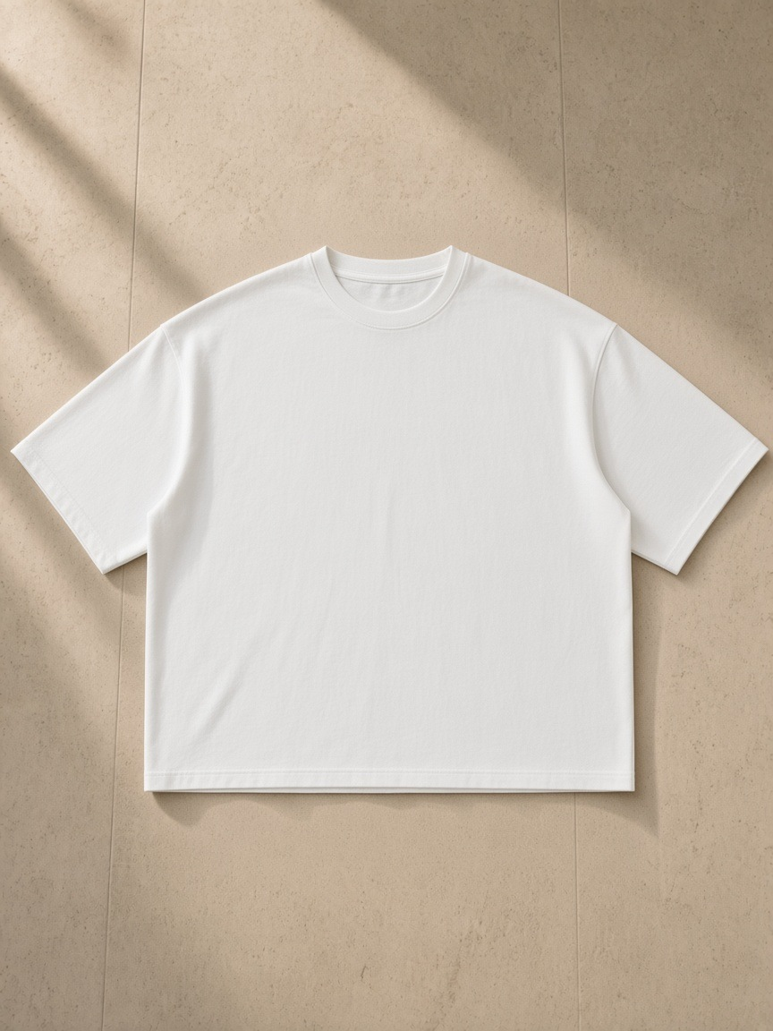 Unisex washed rolled hem half sleeve t-shirt in White, laid flat on pale limestone