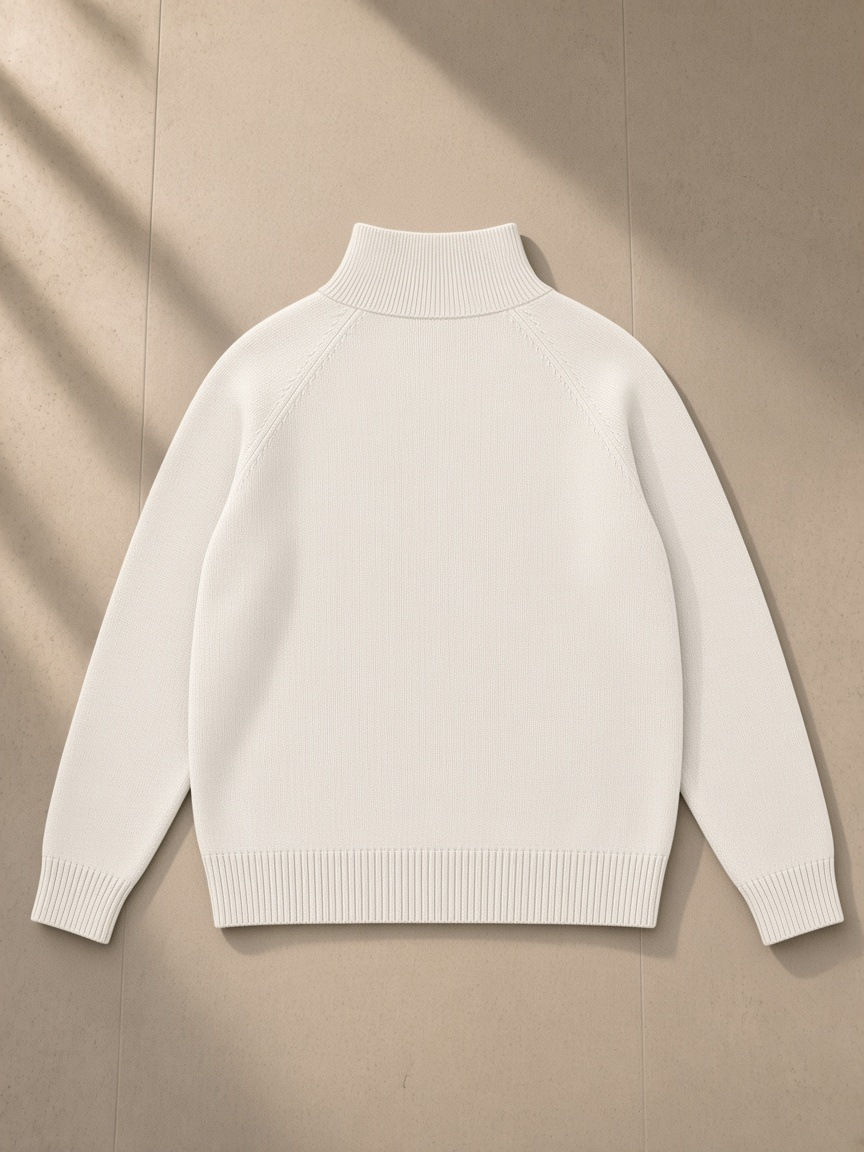 Quarter-Zip Pullover Sweatshirt in Beige, laid flat on pale limestone, back view