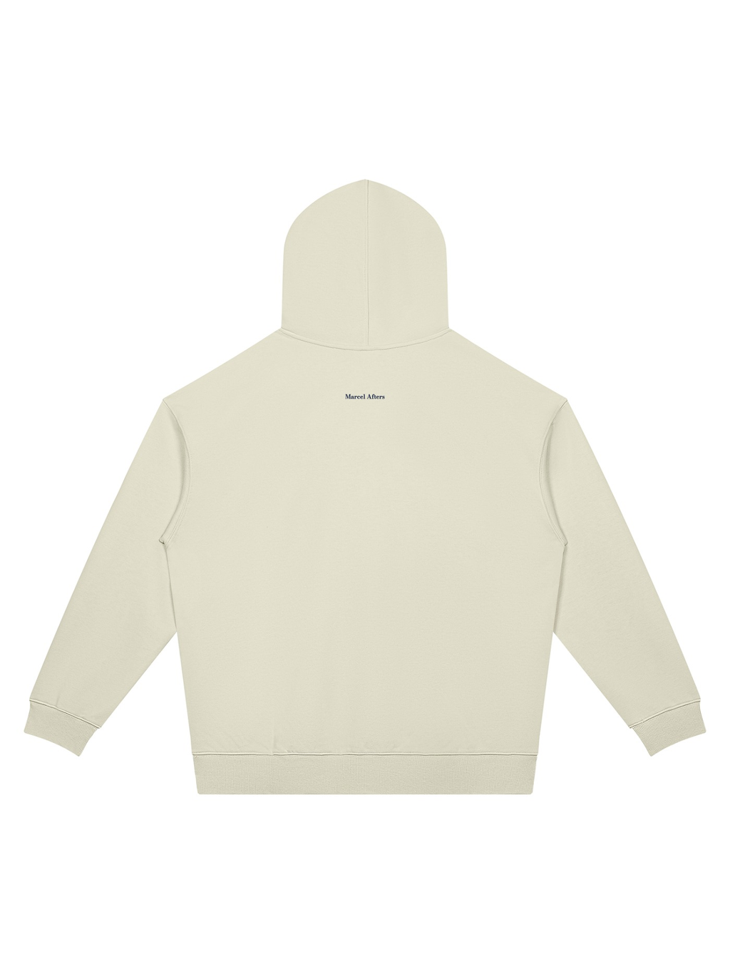Unisex oversized drop shoulder hoodie in Beige Camel, back view on white. Marcel Afters