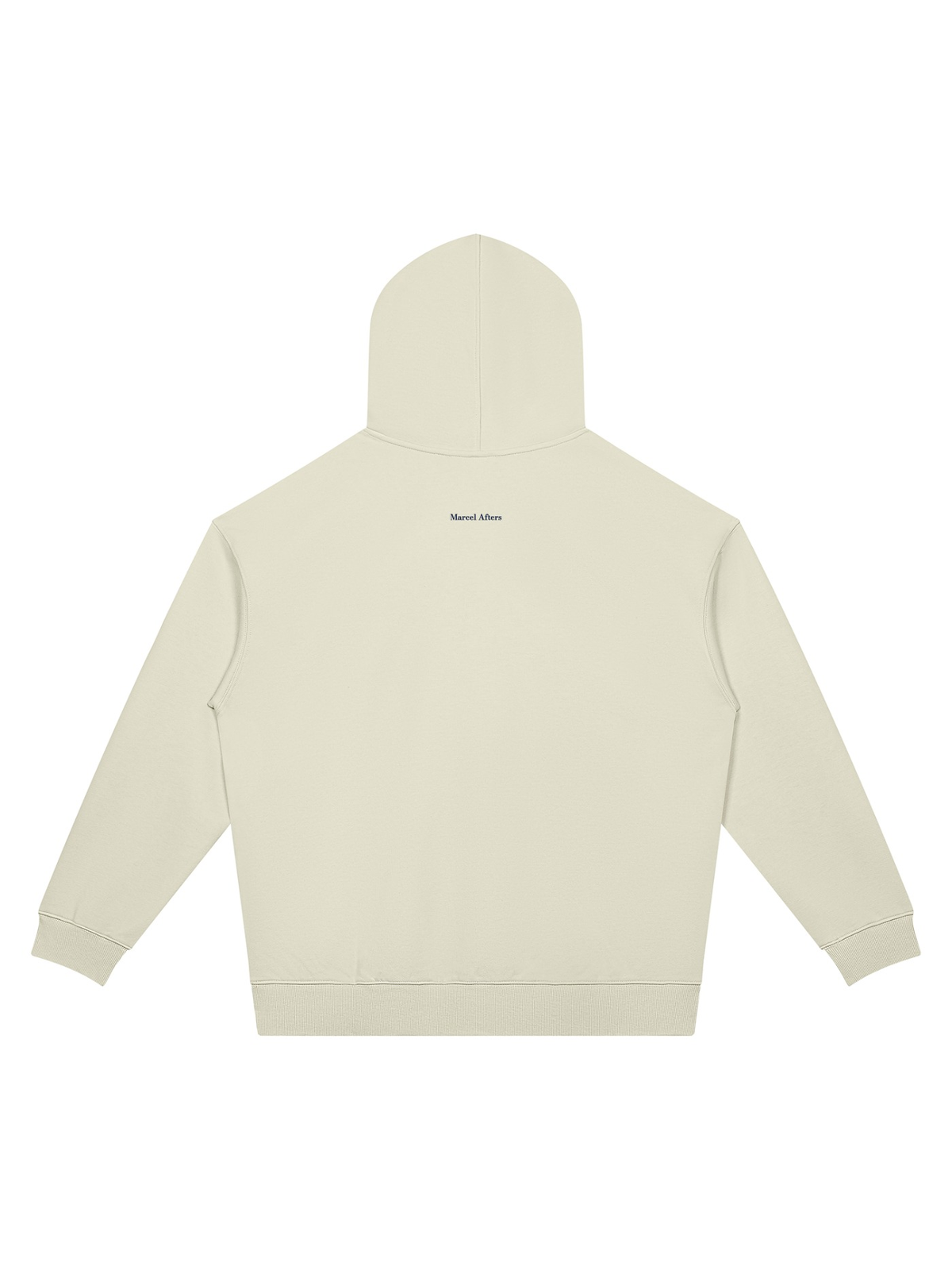 Unisex oversized drop shoulder hoodie in Beige Camel, back view on white. Marcel Afters