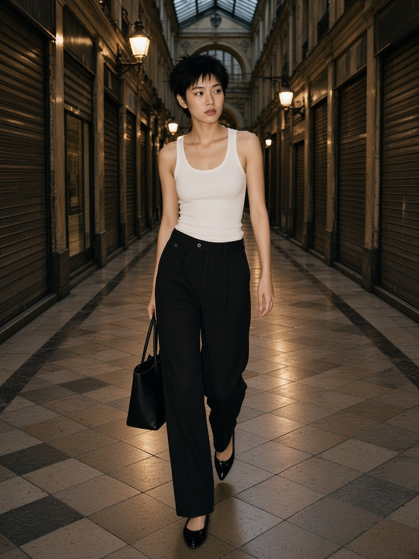 Woman in the Adjustable Waist Straight-Leg Trousers in Black, in the Passage des Panoramas in Paris at night
