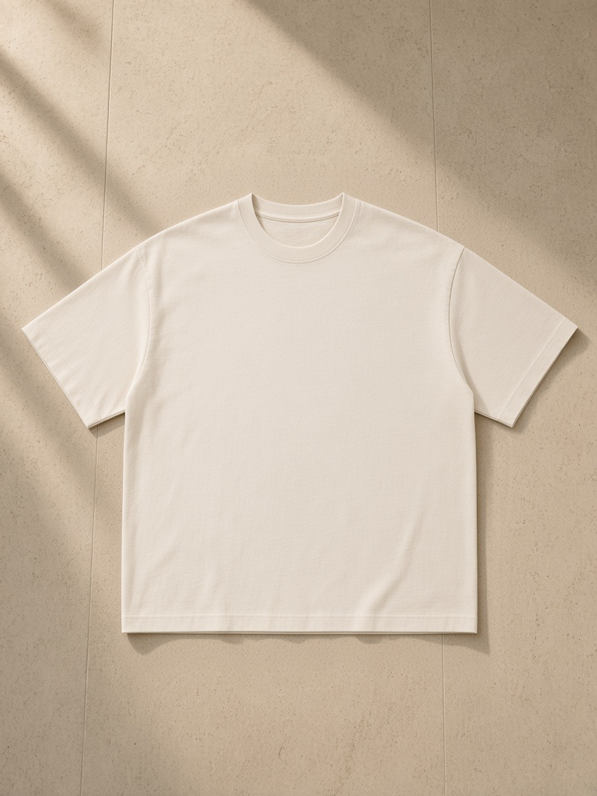 Unisex vintage wash boxy t-shirt in Apricot, laid flat on pale limestone