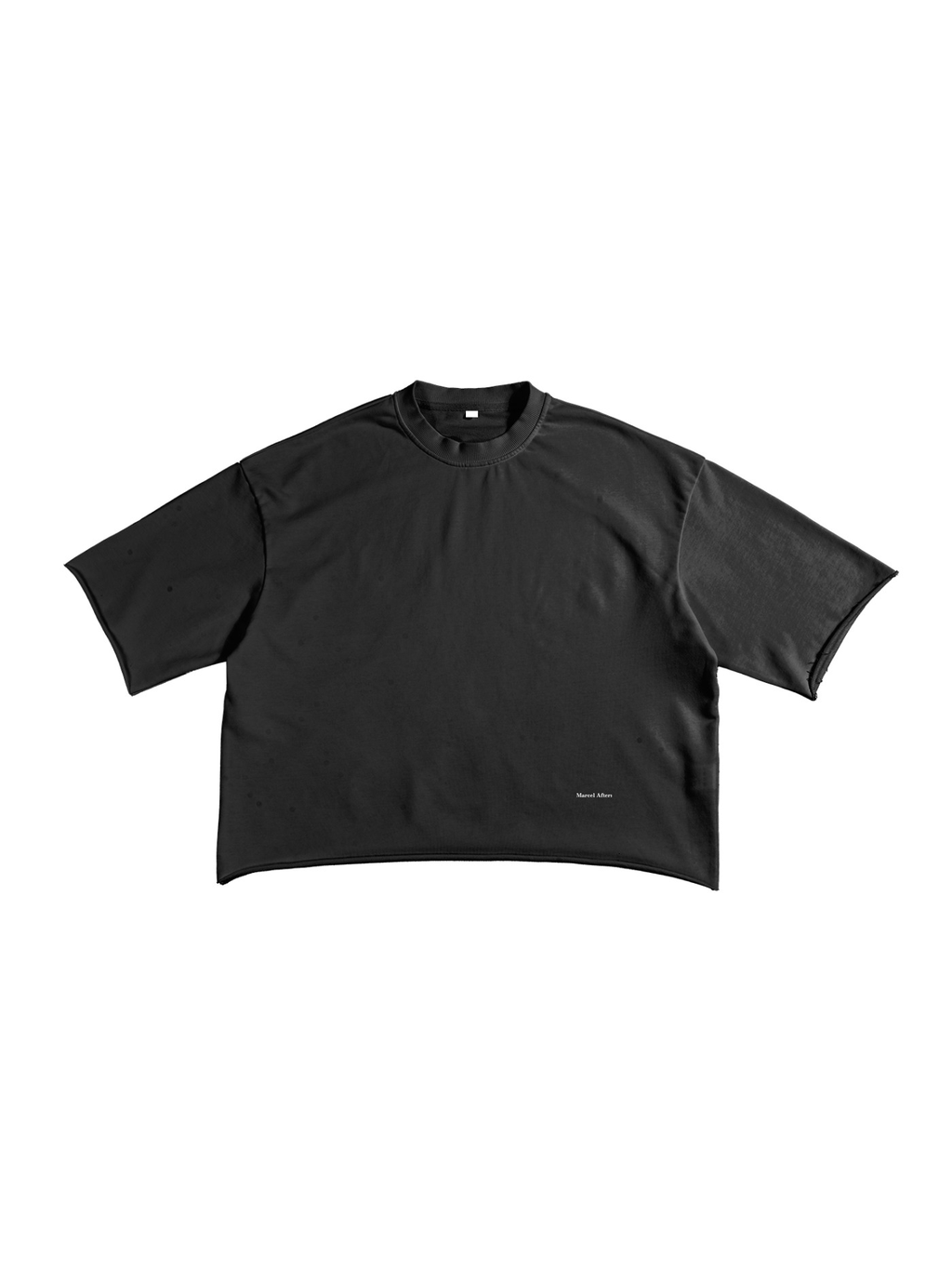 Unisex French terry raw edge t-shirt in Black, front view on white. Marcel Afters