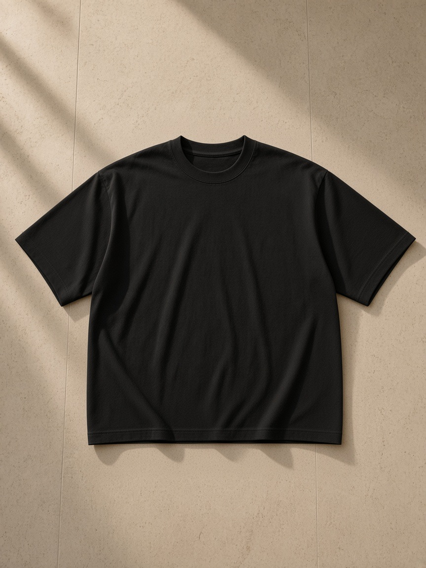 Unisex French terry raw edge t-shirt in Black, laid flat on pale limestone