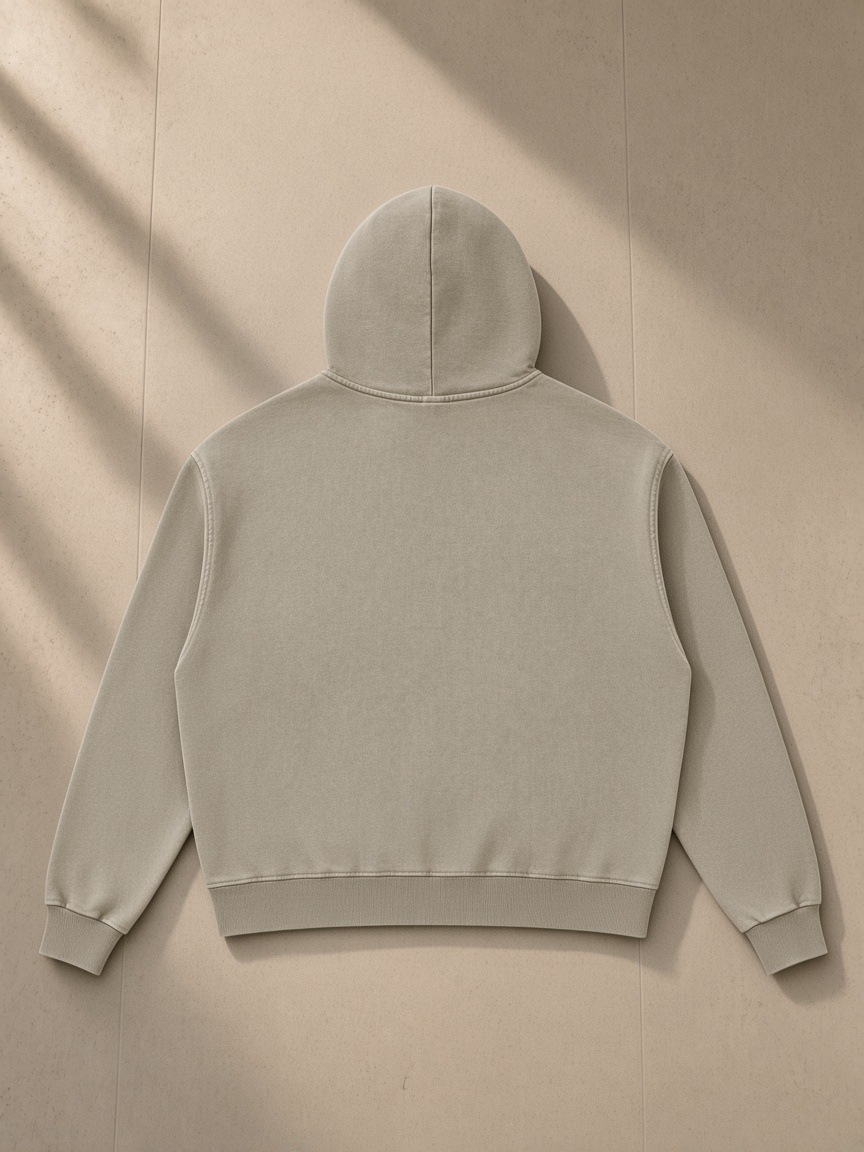 Mineral Wash Boxy Full Zip Hoodie in Khaki, laid flat on pale limestone, back view
