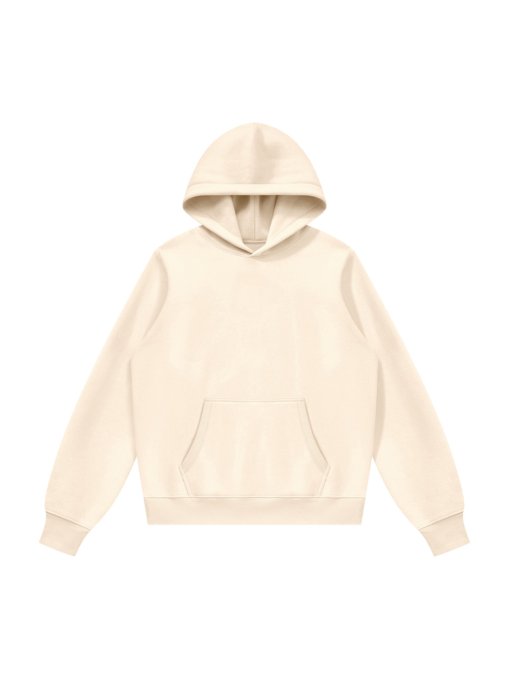 Unisex fleece regular shoulder hoodie in Apricot, front view on white. Marcel Afters
